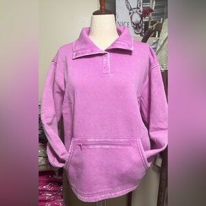 Zenana Mineral Wash Fleece Half Snap Sweatshirt with Pocket in Mauve